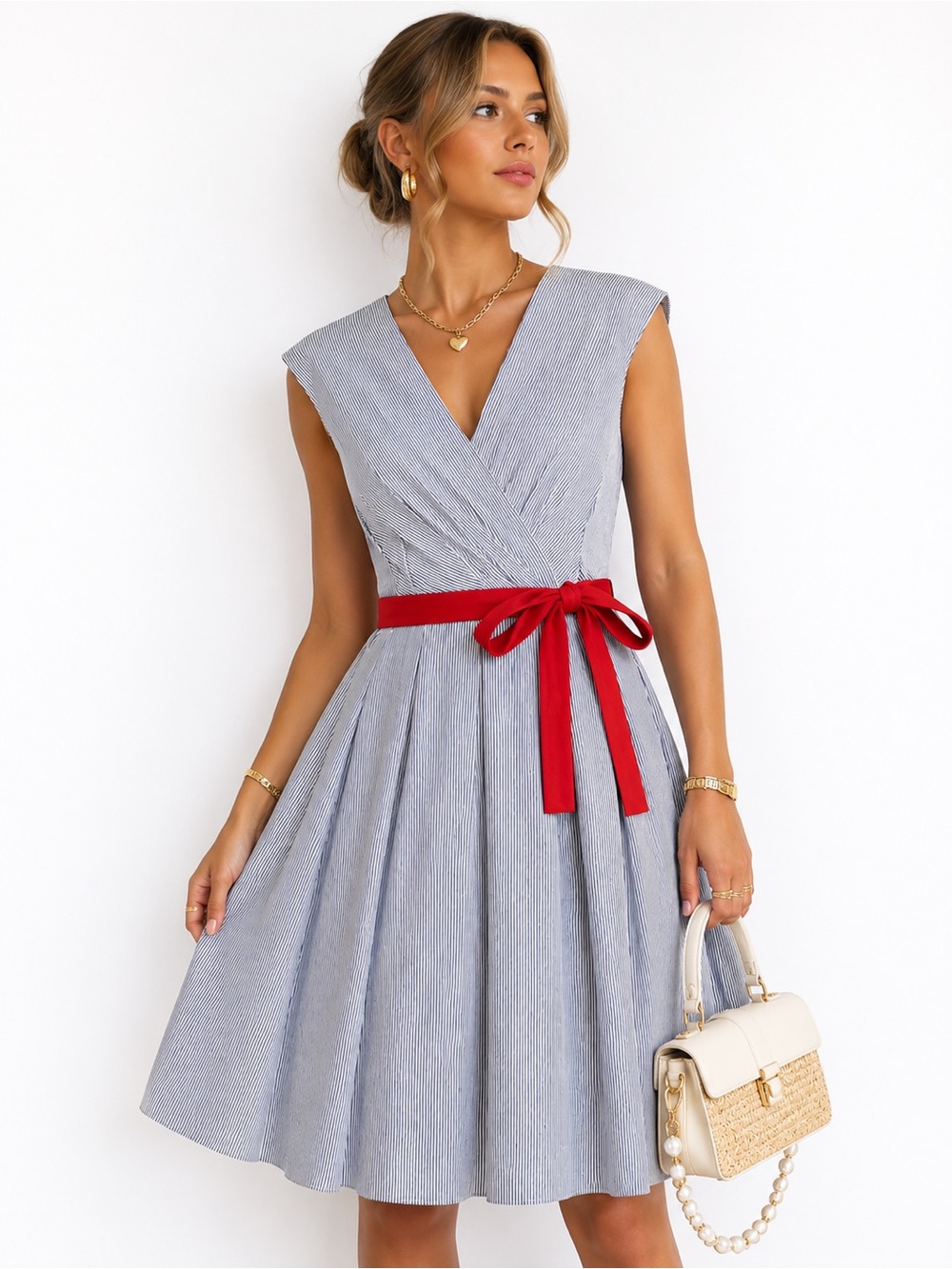 Chetta B Blue Striped Midi Dress with Red Accent